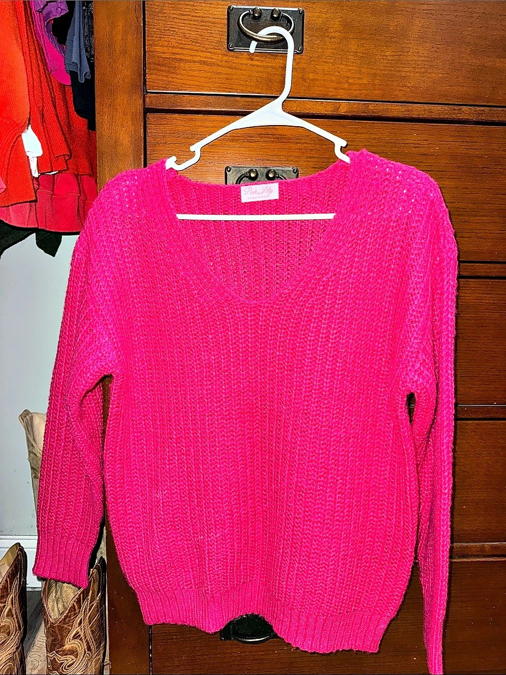 Pink Lily V-Neck Knit Sweater in Pink